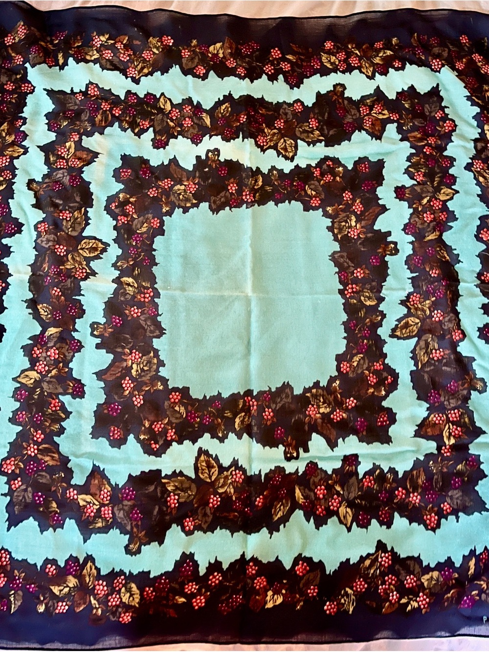 Perry Ellis Floral Vintage Wool Shabby Chic Turquoise and Black Scarf